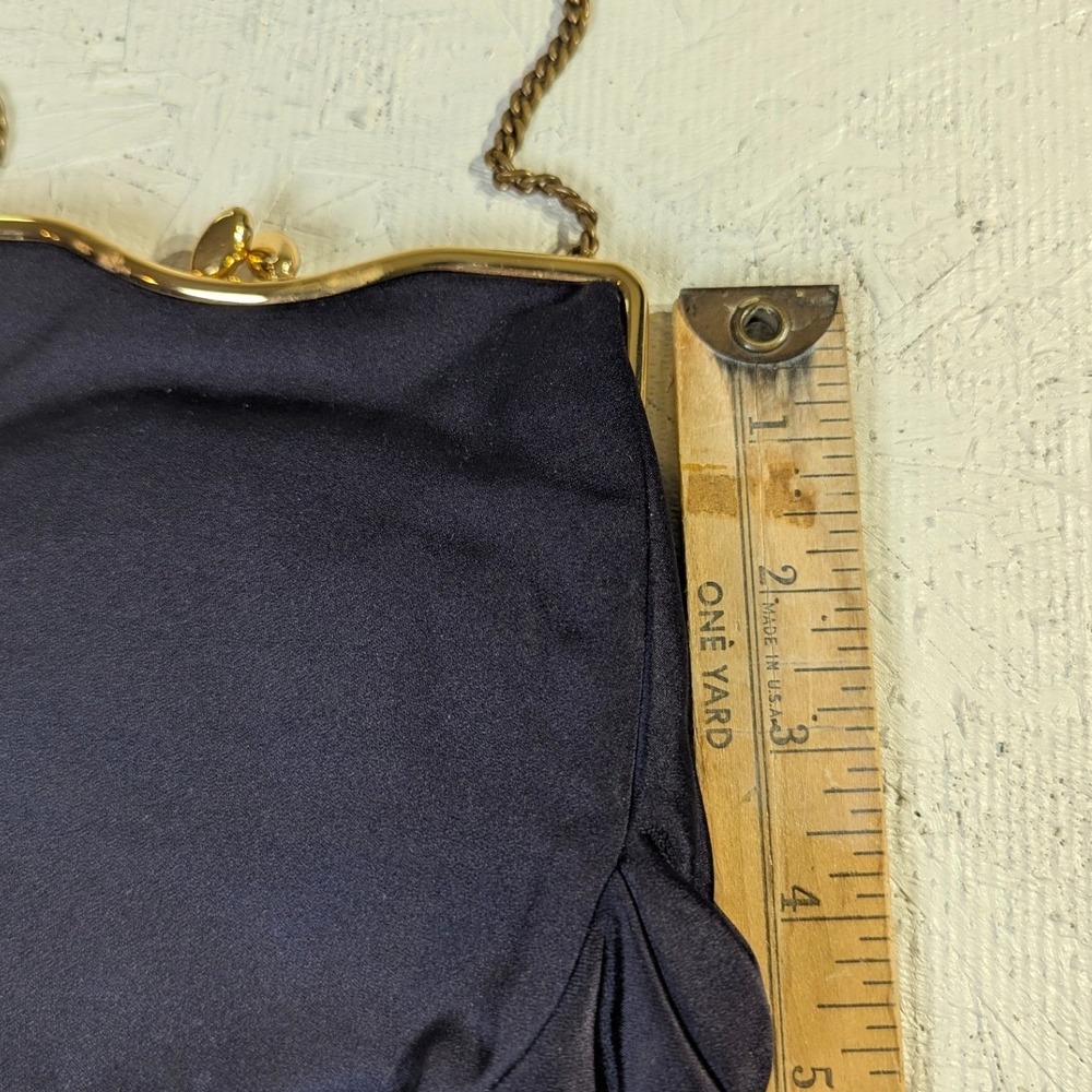 Vintage Rosenfeld Satin Evening Bag OS Navy Blue Gold Chain Clutch - Picture 5 of 12